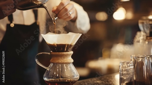 A barista usthe coffee slowly dripping into a glass pot. ing a manual pour-over method to brew coffee, with photo