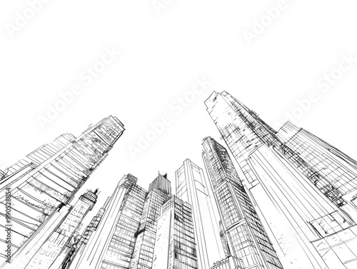 isolate white background, City Skyline - with skyscrapers and urban sprawl., drawings in colure pencil easy, very simple and isolate in the style of animated illustrations, white background