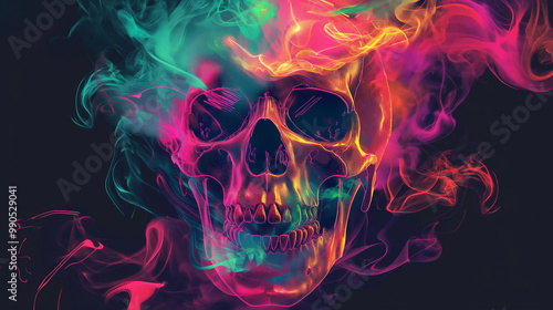 Colorful skull, flames, colorful smoke, vector graphics, black background, neon colors