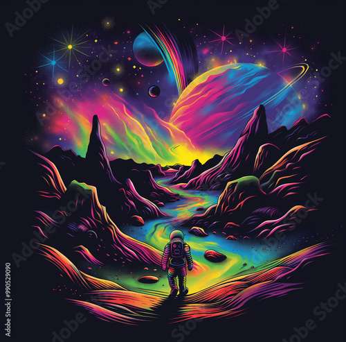 An epic t-shirt design with colorful vector art of a psychedelic space explorer walking on an alien planet landscape in vibrant rainbow colors photo