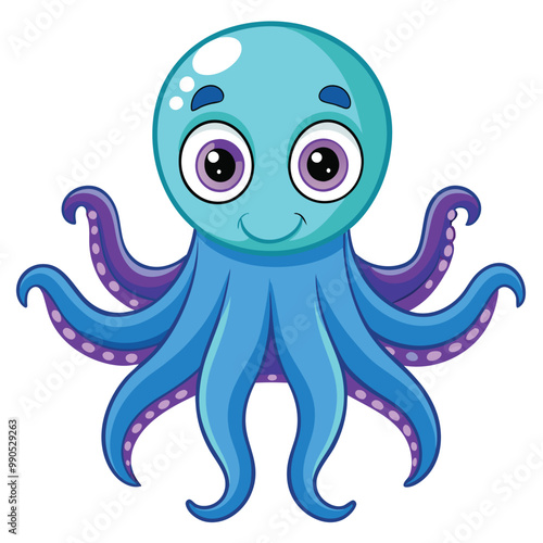 Octopus Cartoon Illustration with Big Eyes , vector illustration on white background.