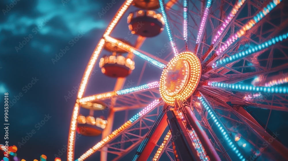 A brightly lit ferris wheel at night, with colorful lights shining as it spins.