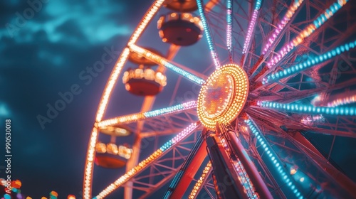 Obraz na płótnie A brightly lit ferris wheel at night, with colorful lights shining as it spins. w salonie