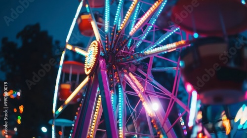 A brightly lit ferris wheel at night, with colorful lights shining as it spins.