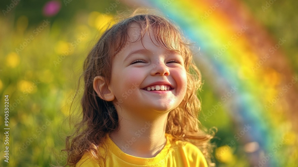A child smiling under a bright rainbow after a rainstorm, with the colors shining vividly in the sky. A child smiling under a bright rainbow after a rainstorm, with the colors shining vividly in the sky.