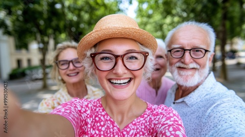 A group of people taking a selfie together in the park, AI