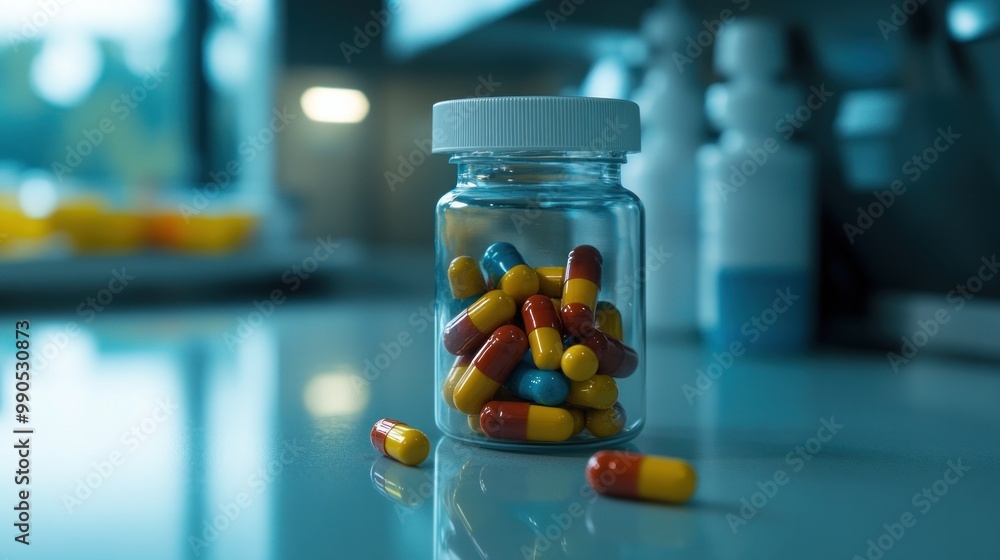A jar filled with colorful capsules on a laboratory table. A jar filled with colorful capsules on a laboratory table.