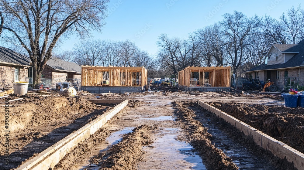custom made wallpaper toronto digitalSuburban house under construction, steel frames outlining rooms, wide open spaces between beams, dirt construction site with tools and equipment scattered