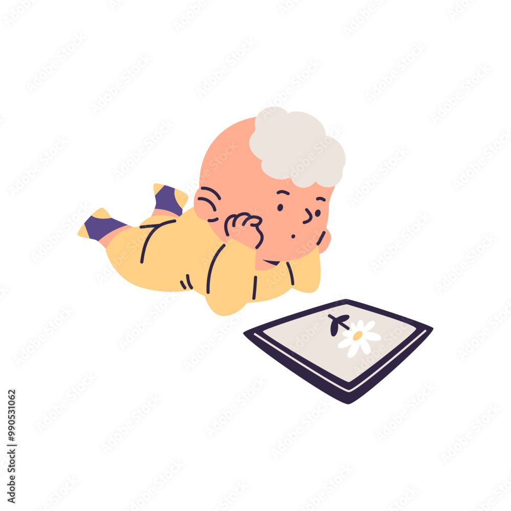 This illustration shows a little boy interacting with digital technology on a white background. This illustration shows a little boy interacting with digital technology on a white background.