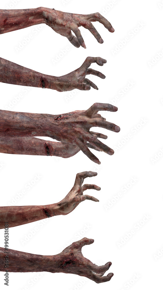 Set of zombie hands with a bloody wound. Zombie, devil, evil, satan, or monster hands isolated over a white background Set of zombie hands with a bloody wound. Zombie, devil, evil, satan, or monster hands isolated over a white background