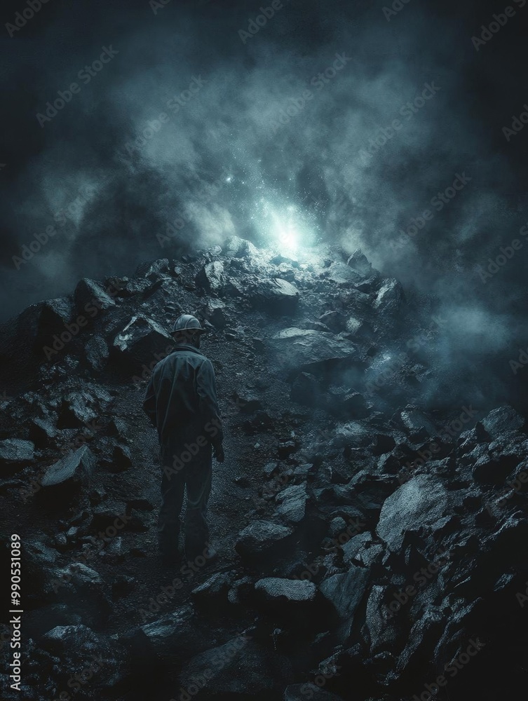 Fototapeta premium coal miner discovering a new element that is shining amongst a pile of coal cloudcore