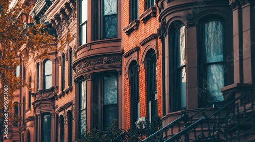 Wallpaper Mural A close-up of a classic brick brownstone building, with its iconic stoop and bay windows, showcasing urban charm. Torontodigital.ca