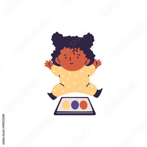 Vector illustration of a little girl is playing an educational app on a tablet