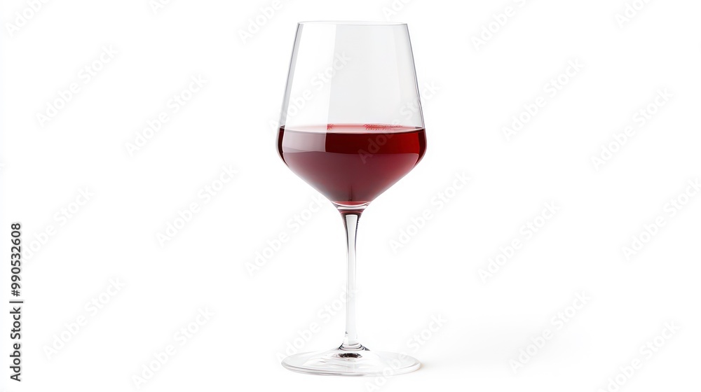A single glass of red wine stands on a white background. A single glass of red wine stands on a white background.