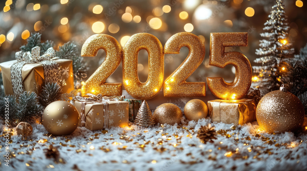 Decorative ornaments, shimmering numbers, and wrapped gifts create a joyful atmosphere to welcome the New Year 2025 with warmth and light Decorative ornaments, shimmering numbers, and wrapped gifts create a joyful atmosphere to welcome the New Year 2025 with warmth and light