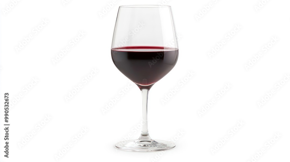 A tall stemmed glass filled with red wine on a white background. A tall stemmed glass filled with red wine on a white background.