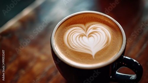 A close-up of a perfectly brewed cappuccino with a heart-shaped latte art on top, placed on a caf table.