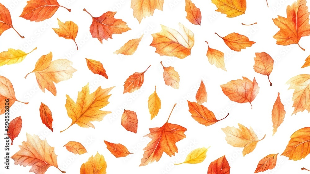 Obraz premium Watercolor painting of autumn leaves in various shades of yellow, orange, and red, on a white background.