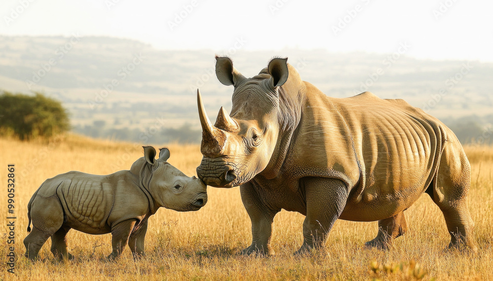 Fototapeta premium Mother and baby white rhino standing in african savanna