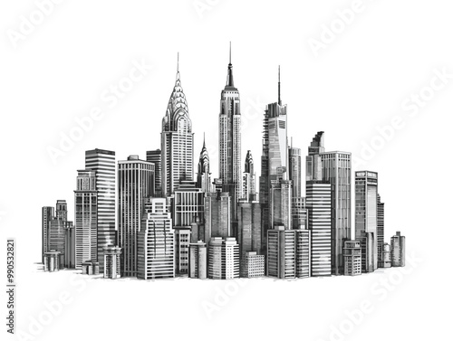 isolate white background, City Skyline - with skyscrapers and urban sprawl., drawings in colure pencil easy, very simple and isolate in the style of animated illustrations, white background