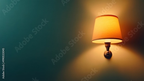 A wall mounted lamp with a yellow shade on it against the blue background, AI