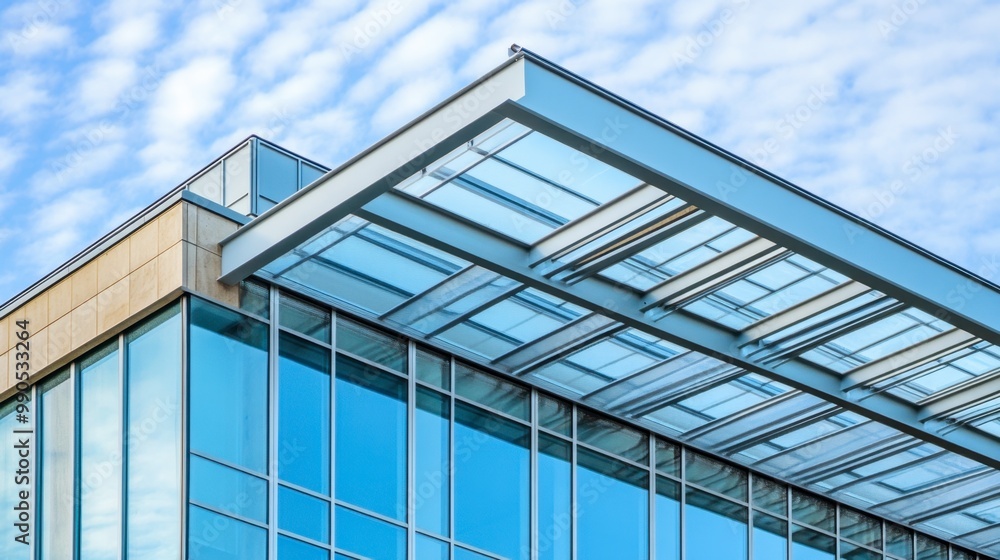 A close-up of a steel and glass building angular roof design, emphasizing its modern architectural style. A close-up of a steel and glass building angular roof design, emphasizing its modern architectural style.