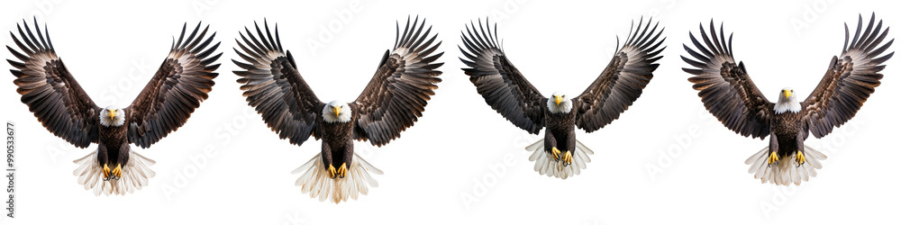 Bald eagle in dynamic flight poses, showcasing its powerful wings against white isolate background. Bald eagle in dynamic flight poses, showcasing its powerful wings against white isolate background.