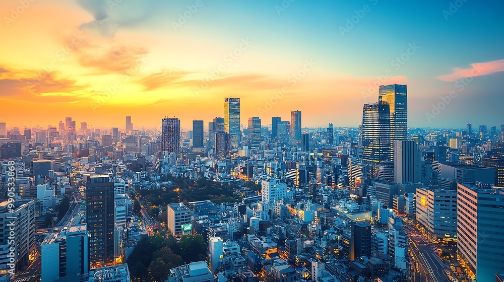 A beautiful panoramic view of the Tokyo skyline at sunset. A beautiful panoramic view of the Tokyo skyline at sunset.