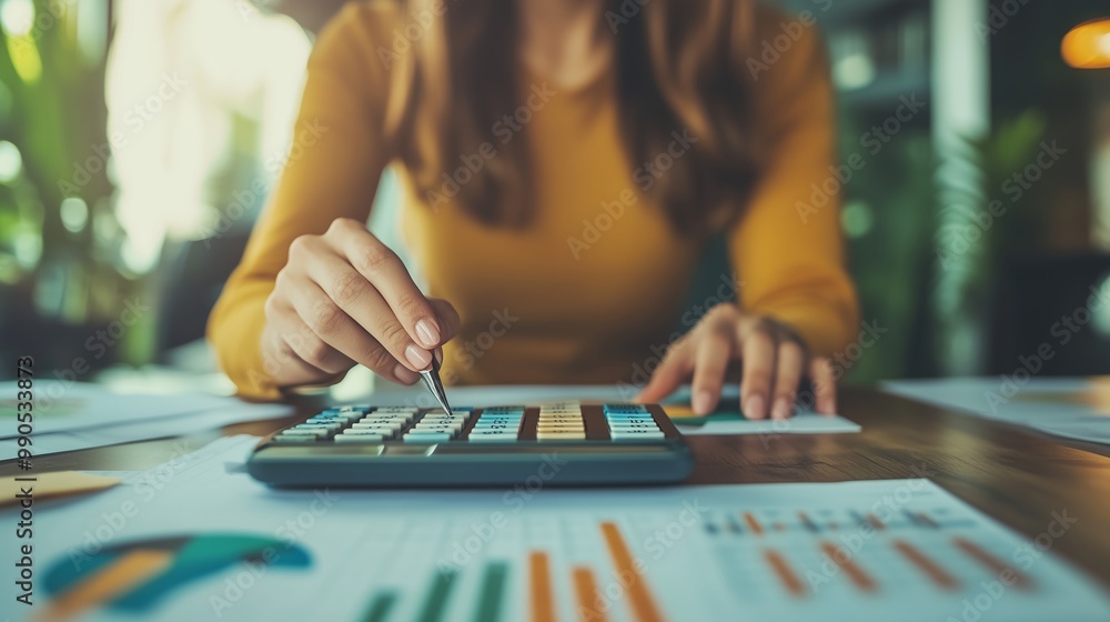 Obraz premium Woman using a calculator to analyze financial data at a desk filled with charts and graphs in a well-lit workspace