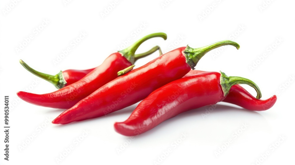 Three red chili peppers, with green stems, arranged together on a white background. Three red chili peppers, with green stems, arranged together on a white background.