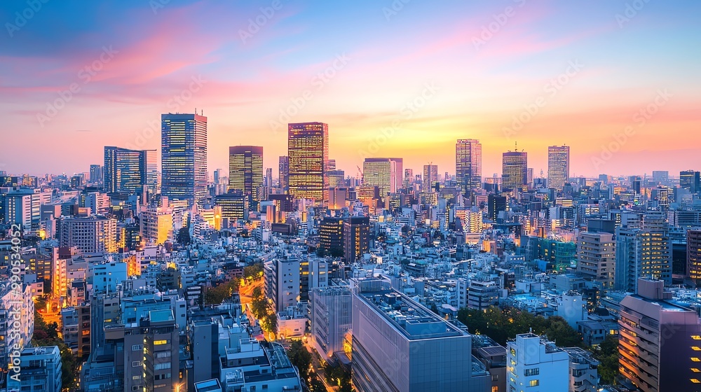 Fototapeta premium A beautiful panoramic view of the Tokyo skyline at sunset.