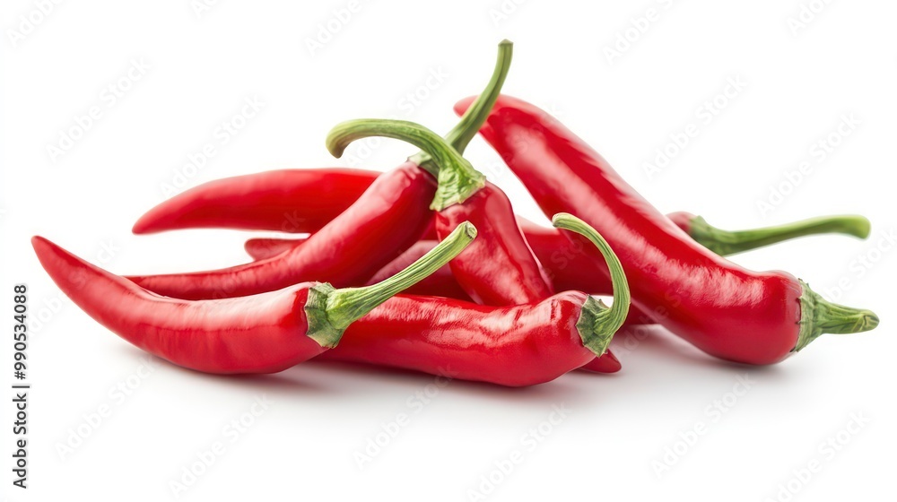 Five red chili peppers with green stems on a white background. Five red chili peppers with green stems on a white background.