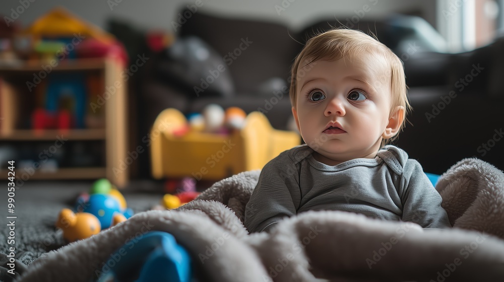 An inquisitive baby wrapped in a cozy blanket, surrounded by toys in a warm and playful indoor setting. An inquisitive baby wrapped in a cozy blanket, surrounded by toys in a warm and playful indoor setting.