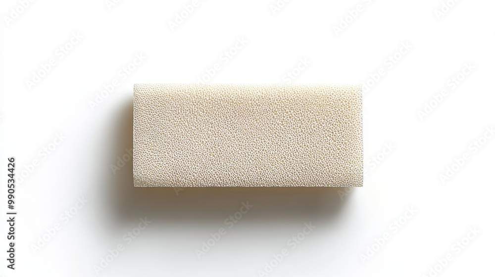 Obraz premium Top-down view of a rectangular adhesive bandage, smooth and clean, placed centrally on a white background with a gentle drop shadow for dimension