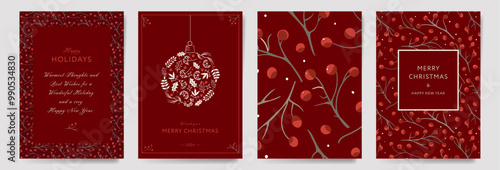 Set of Christmas Corporate Holiday cards with floral berry ornate frames, background and copy space. Universal artistic templates, vector illustration