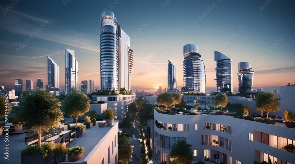Fototapeta premium A bustling cityscape with high-rise buildings and trees, highlighting the harmony between urban and natural environments.