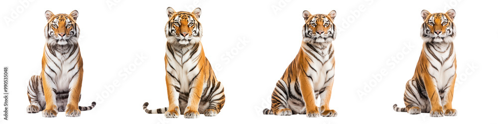 Obraz premium Four tigers in various poses, showcasing their majestic features and vibrant fur, isolated on white background.