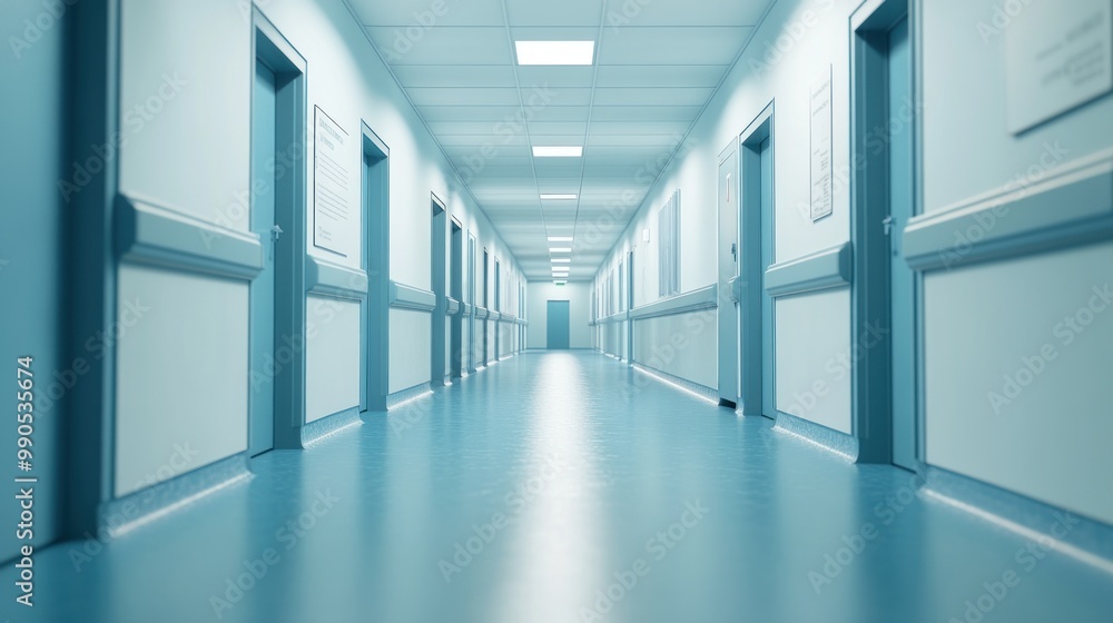 A long, empty corridor with blue walls and doors, suggesting a clinical or institutional setting. A long, empty corridor with blue walls and doors, suggesting a clinical or institutional setting.