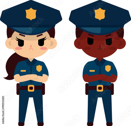 Illustration of police officers, man and woman, cute, with a serious expression