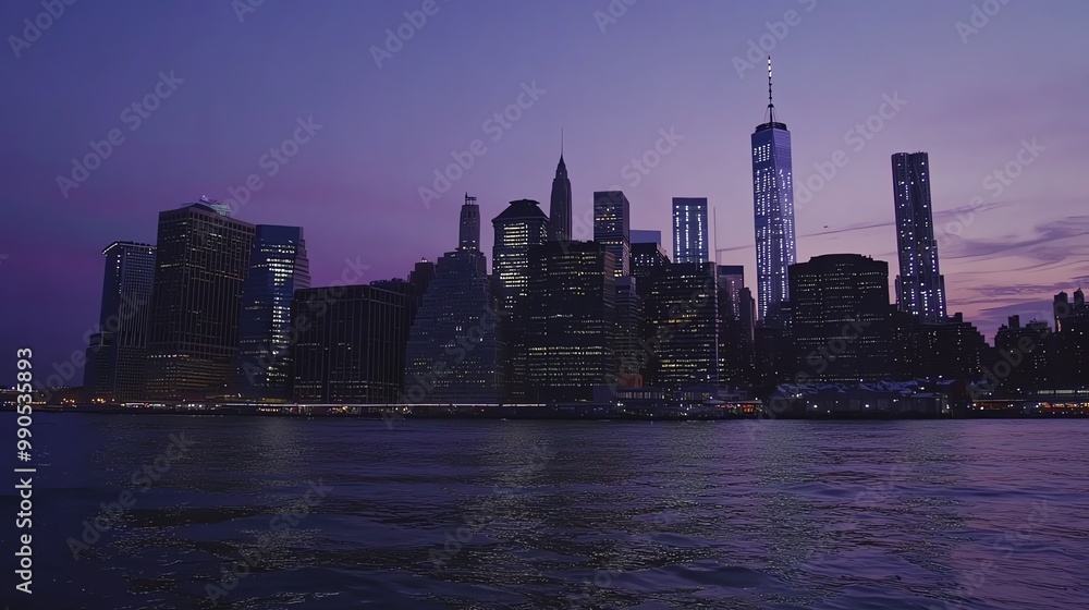 Obraz premium A view of the New York City skyline at night with the Freedom Tower illuminated.