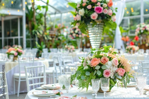 Banquet Tables in Wedding Hall: Elegant Dining with Fresh Flowers and Crystal Chandeliers