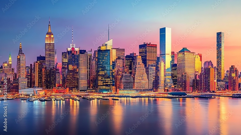 A panoramic view of the New York City skyline at sunset. A panoramic view of the New York City skyline at sunset.