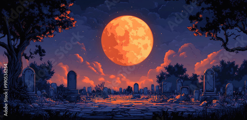 The full moon shines brightly over a quiet graveyard, creating a serene atmosphere with shadows dancing among the gravestones at twilight