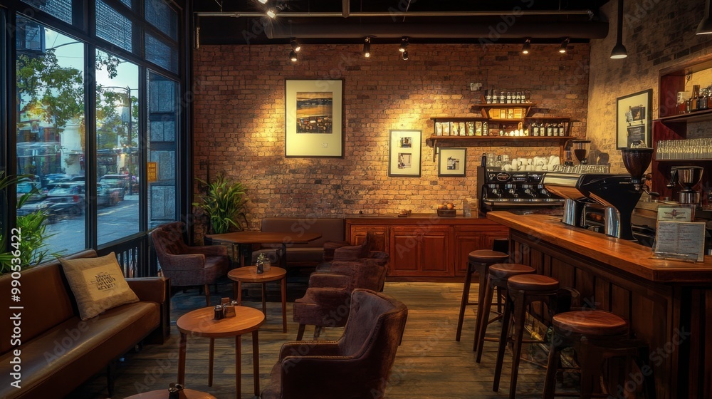 Obraz premium A cozy coffee shop interior with exposed brick walls, wooden furniture, and warm ambient lighting.