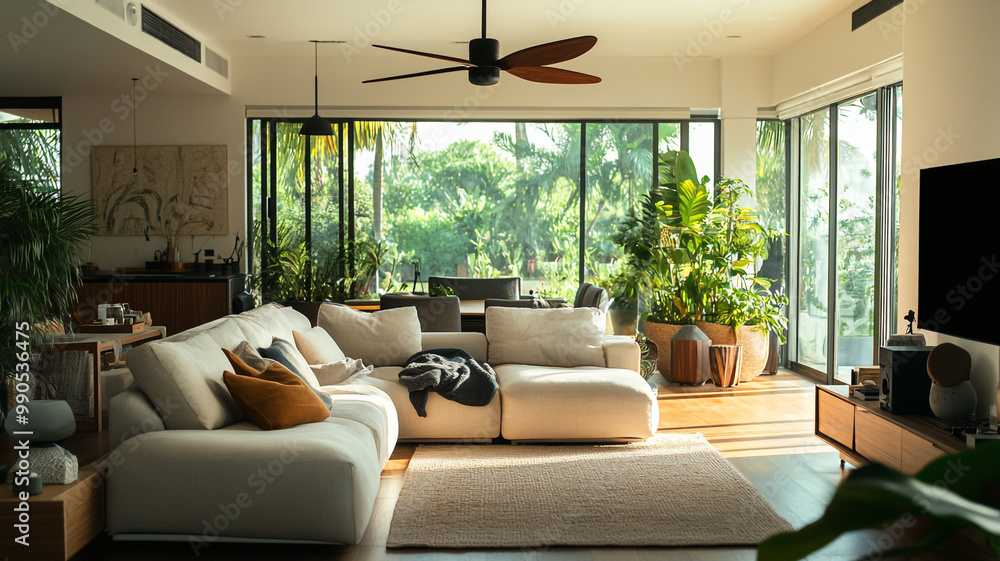 A bright, modern living room with large windows overlooking a lush green garden A bright, modern living room with large windows overlooking a lush green garden