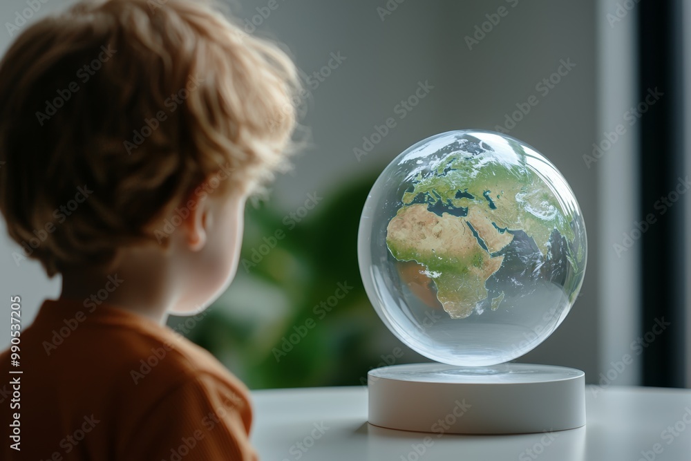 A child observes a holographic globe, showcasing Earth in vibrant colors, sparking curiosity and wonder about the world. A child observes a holographic globe, showcasing Earth in vibrant colors, sparking curiosity and wonder about the world.