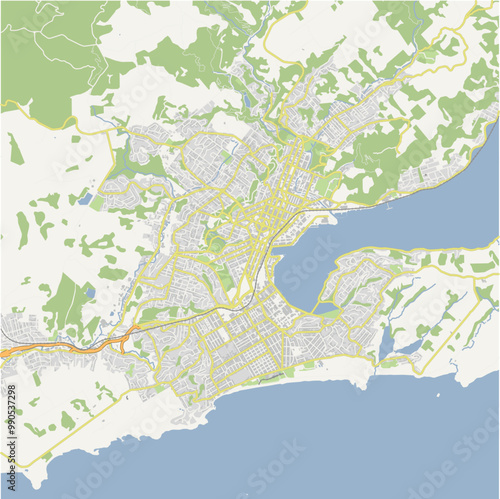 Map of Dunedin in New Zealand in a normal road map style. Contains layered vector with roads water, parks, etc.