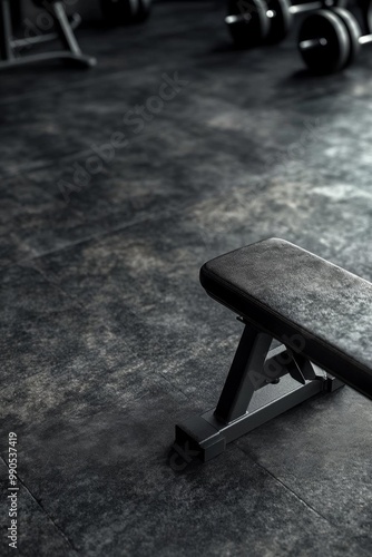 photorealistic, closeup of workout bench in dark gym, high camera angle