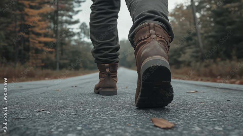 Close-up of a person in brown boots walking down an empty rural road surrounded by autumn trees. Close-up of a person in brown boots walking down an empty rural road surrounded by autumn trees.