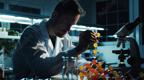 Scientist in lab coat holding molecular model of serotonin receptor, with microscope and scientific instruments, highlighting the significance of neuroscience research. photo